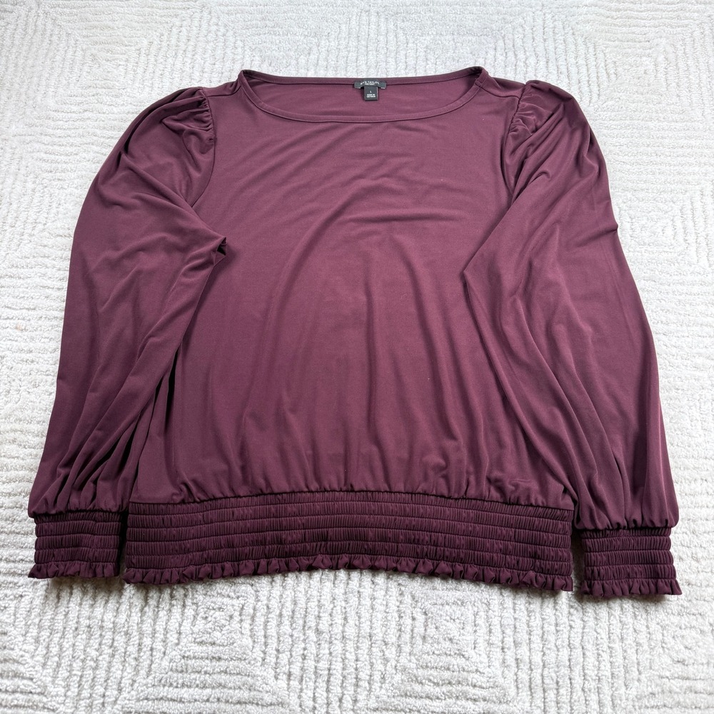 Ann Taylor Top Women's L Burgundy Smocked Puff Sleeve Office Romantic Jewel Tone